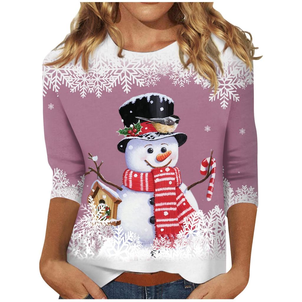 Spring and Autumn Round Neck Christmas Themed Pattern 3D Printed Top Fashionable Casual Long Sleeved Women's T-shirts