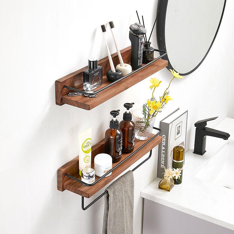 Solid Wood Bathroom Shower Stand Wall Mounted Dresser Storage Rack Black Towel Rack Shelf Bathroom Shelf Bath Shampoo Holder