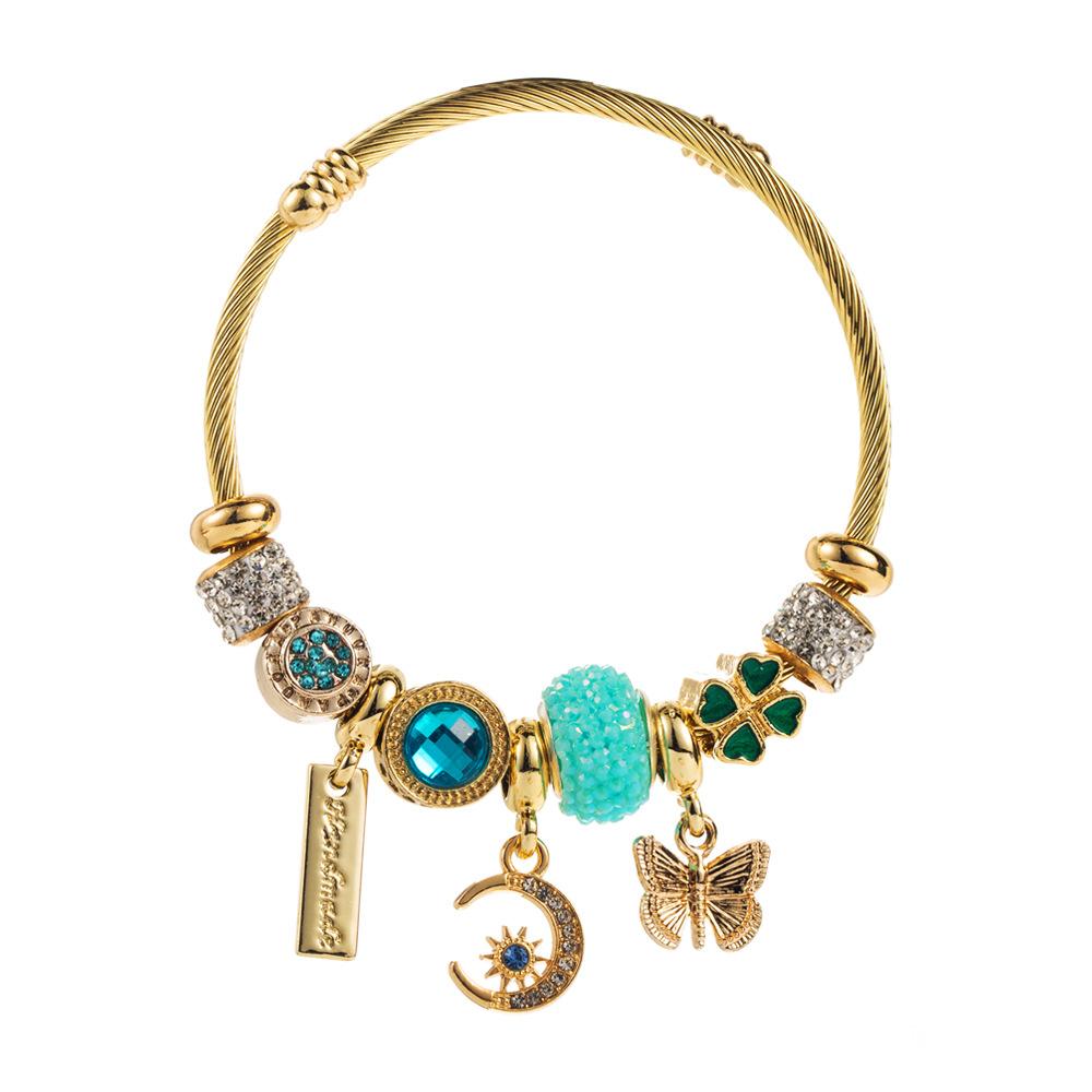 DIY Stainless Steel Beaded Bracelet Moon Butterfly Pendant Versatile Adjustable Couple Bracelet