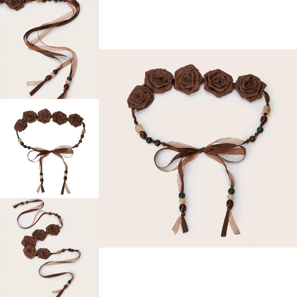 Ethnic Style Skinny Waist Band With Fabric Flower Decor For Boho Dresses