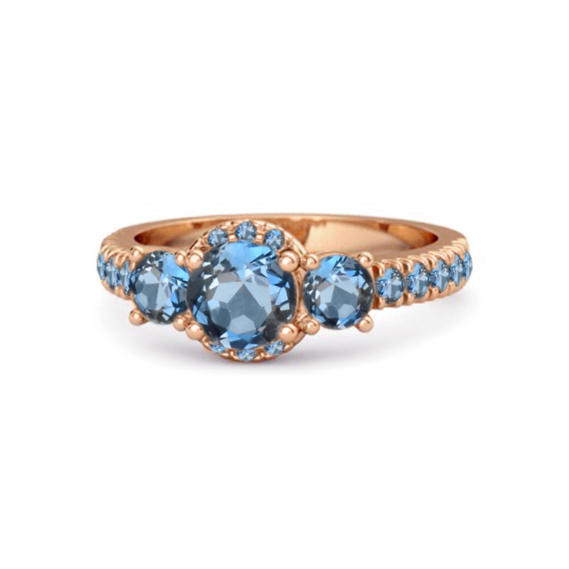 Кольцо с топазом London Blue, три камня, ореол, дорожка из камней - Позолоченное серебро 925 пробы, розовое золото 12