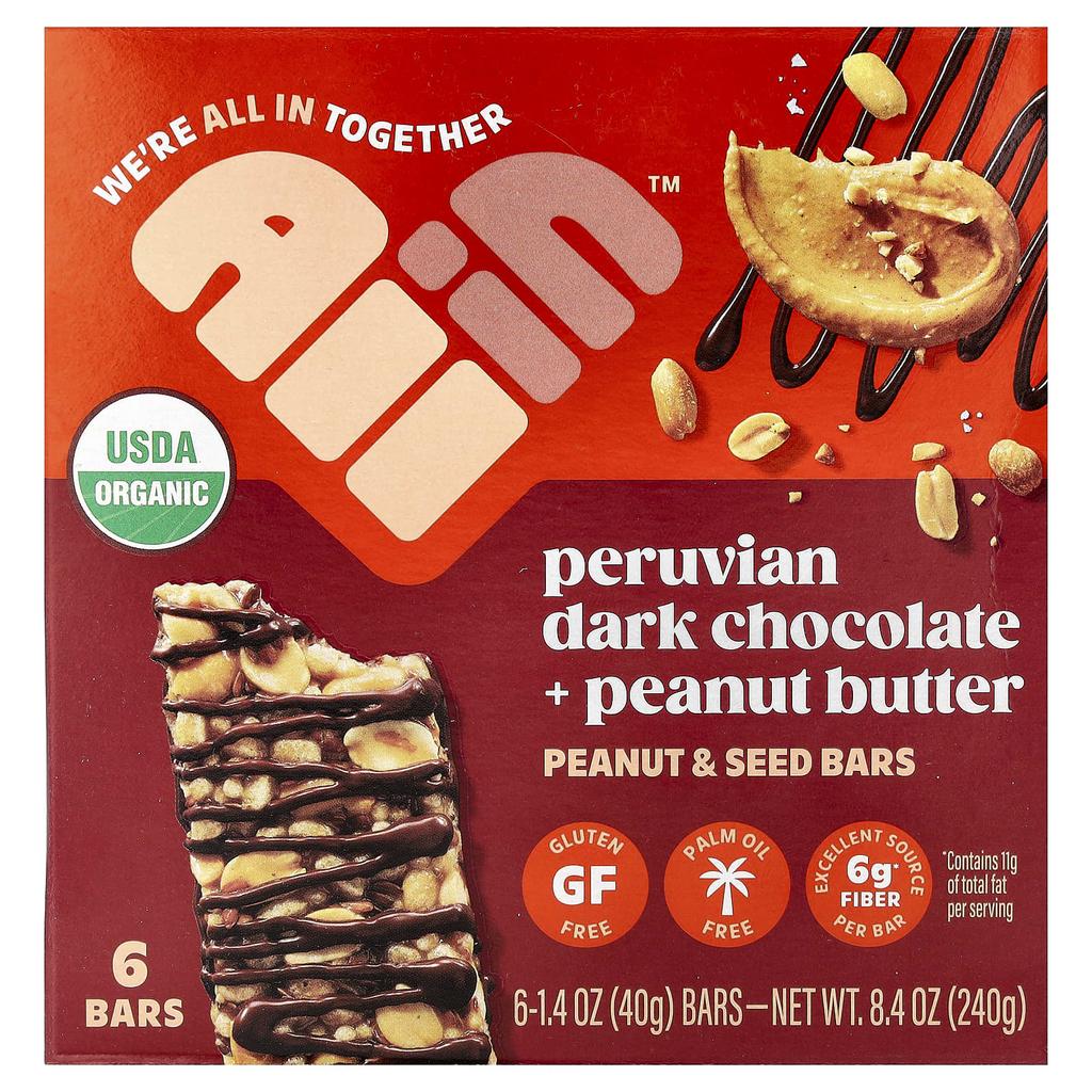 All In, Peanut & Seed Bars, Peruvian Dark Chocolate + Peanut Butter, 6 Bars, 40g (1.4oz) Each