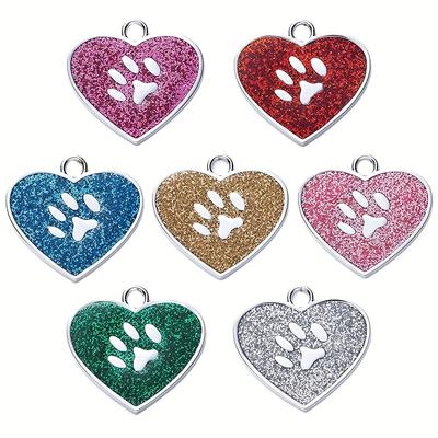 7pcs Zinc Alloy Heart-Shaped Pet ID Tags with Glitter Paw Print-Colorful Cute Dog Cat Collar Nameplates, Machine Washable