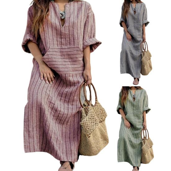 Dámské spodničky Velké velikosti Pulovr s dlouhým rukávem Maxi šaty Vertikální pruhovaný potisk Přední kapsa Volné Dlouhé šaty Streetwear