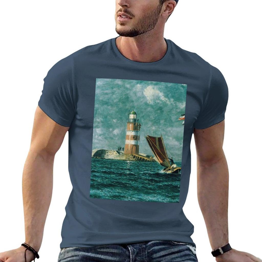 Vintage Painting of a Coastal Lighthouse () TShirt T Shirts with Prints T Shirt Unisex Cotton TShirt