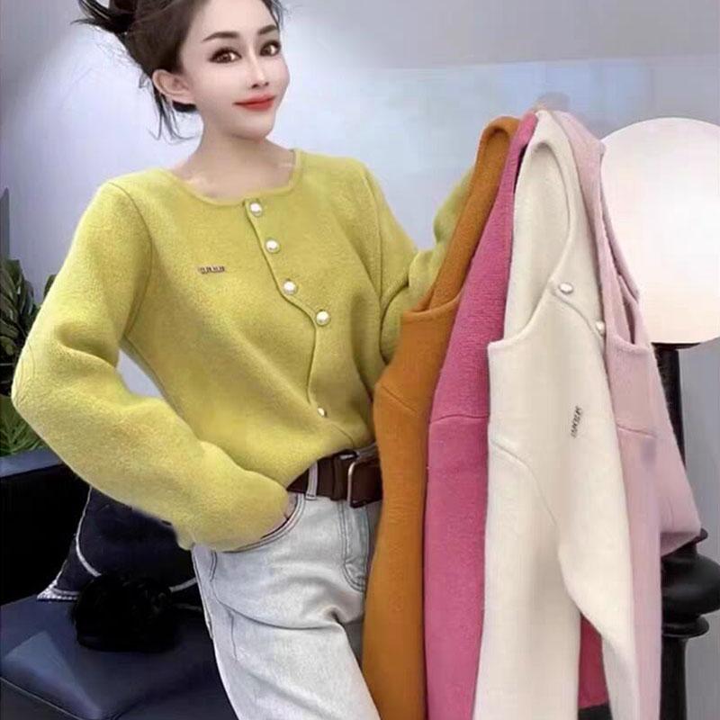 Korean Gentle Irregular Knitted Cardigan Women Spring Autumn Winter Soft Glutinous Long Sleeved Jacket Round Neck Top Commuting