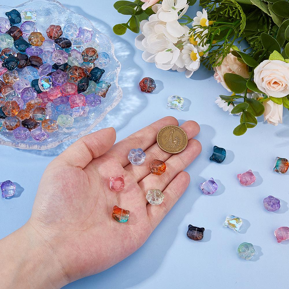 1set 120pcs 2 styles Glass Beads for Jewelry Making Cat/Paw Print Mixed color 12.5~13.5x14~15x6.5~8.5mm Hole: 1~1.2mm 10pcs/style