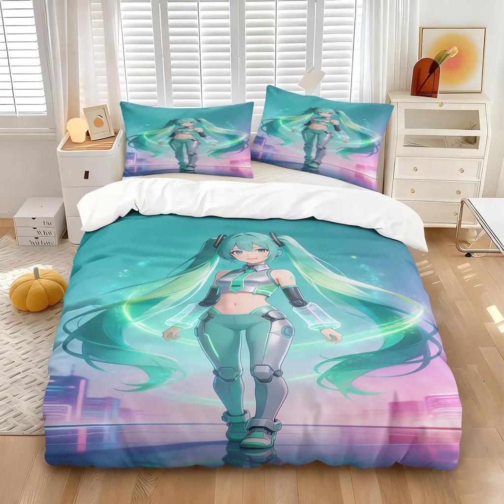 Japanese Anime Duvet Cover Set,H-Hatsune Miku Bedding Set, Single Twin Full Queen King Size for Kids Teens Bedroom Decor Gift