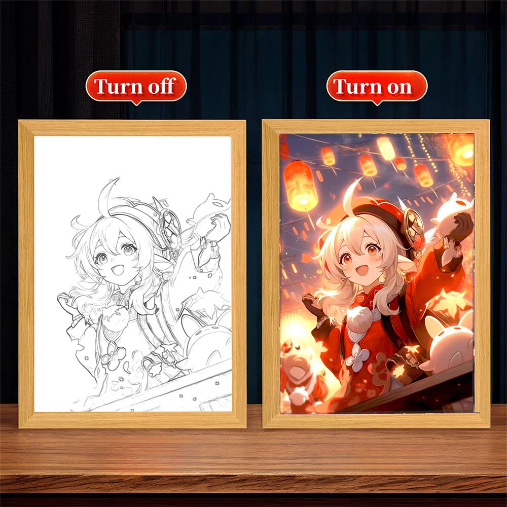 Anime Figure Genshin Impact Light Painting Photo Frame  Raiden Shogun Action Led Night Light Room Decor Christmas Gift Moon Lamp