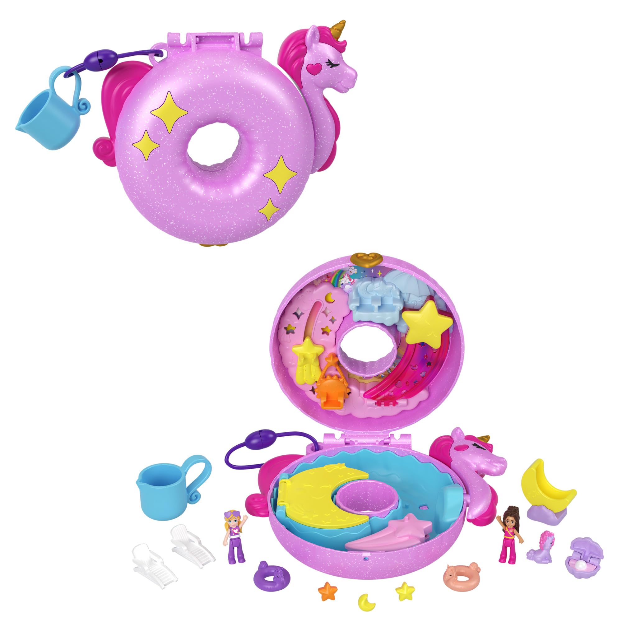 

Игровой набор Polly Pocket Sparkle Cove Adventure Unicorn Floaty Compact с 2 микрокуклами и 12 аксессуарами, меняющий цвет