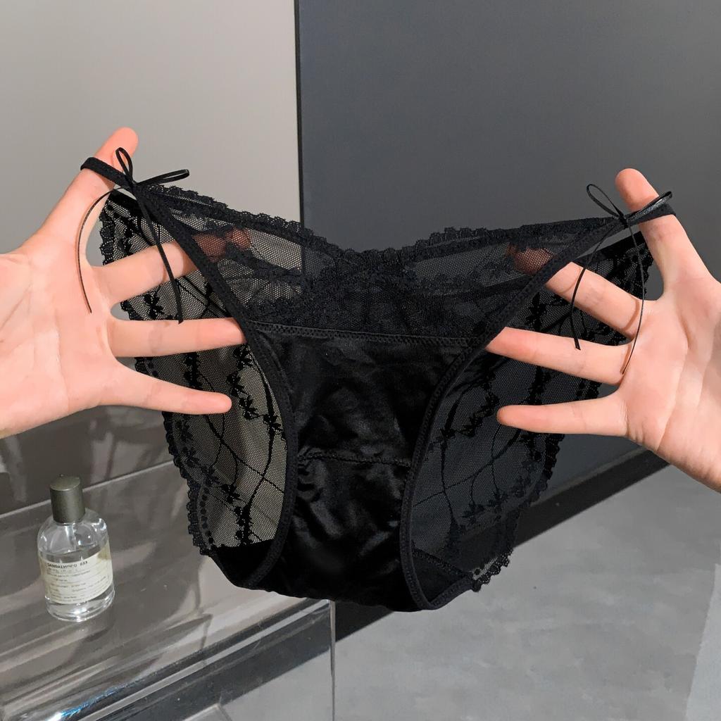 Ladies Summer New Style Pure Desire Sexy Lace Bow Breathable Hollow Net Gauze Triangle Briefs