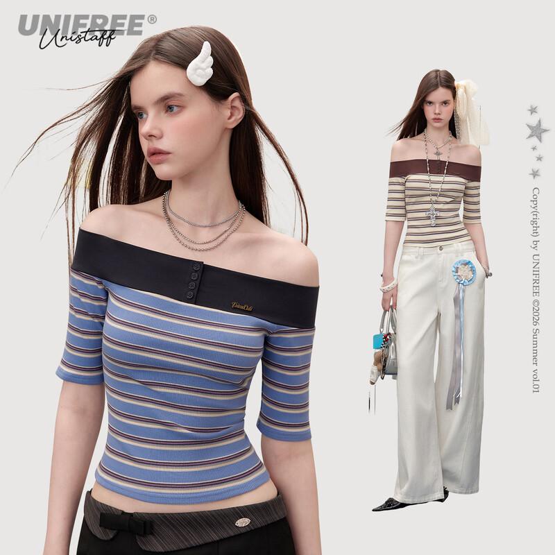 UNIFREE Plus Size Colorblock Slim Off-Shoulder T-shirt XL
