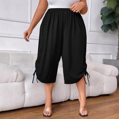 Plus Size Women's Elastic Waist Tie-Waist Pleated Mid-Length Wide-Leg Pants