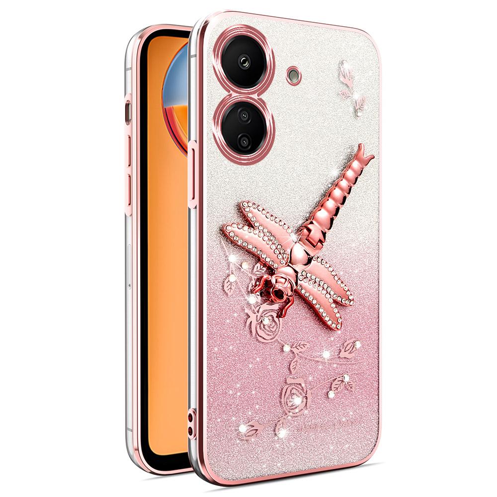 Pro Xiaomi Redmi 13C 4G/Poco C65 4G Pouzdro Vážka Stojánek TPU Květiny Třpytivý Kryt na Telefon