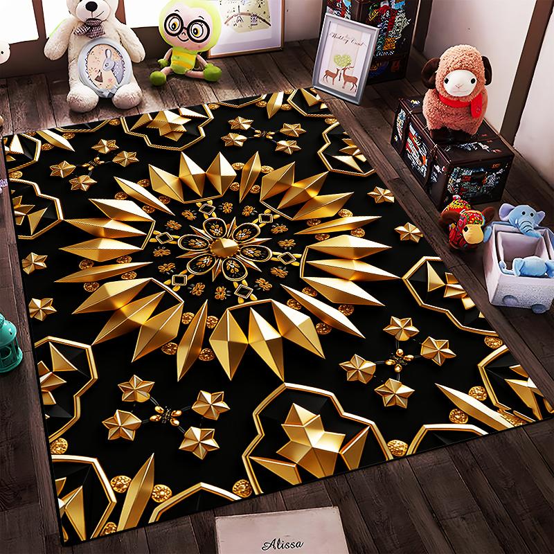 Geometric Gold Starburst Pattern Design on Black Carpet Stylish Decor Suitable for use as an anti-slip for living room bedroom sofas