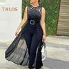 Damen Jumpsuit mit Strass-Schnallendekor, Mesh-Patchwork, plissiert, hohe Taille, ärmellos, reine Farbe, für formelle Anlässe, Party, Abschlussball