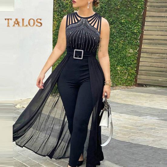 Damen Jumpsuit mit Strass-Schnallendekor, Mesh-Patchwork, plissiert, hohe Taille, ärmellos, reine Farbe, für formelle Anlässe, Party, Abschlussball