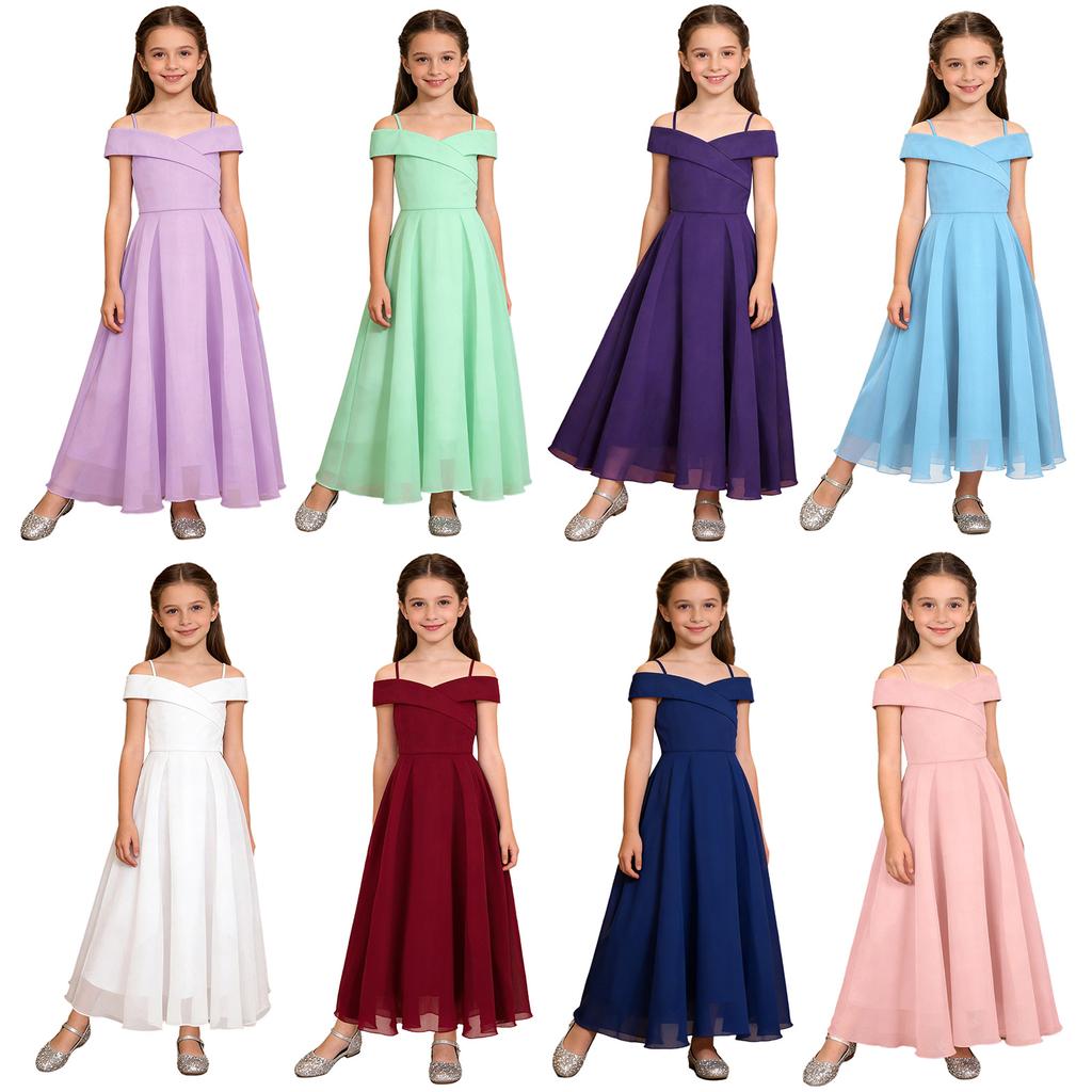 Girls Elegant Chiffon Party Dress Off the Shoulder Spaghetti Strap Adjustable A-Line Floor Length Gown