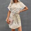 Womens Summer Short Dresses O Neck Casual Batwing-Short Sleeve Belted Dress For Women