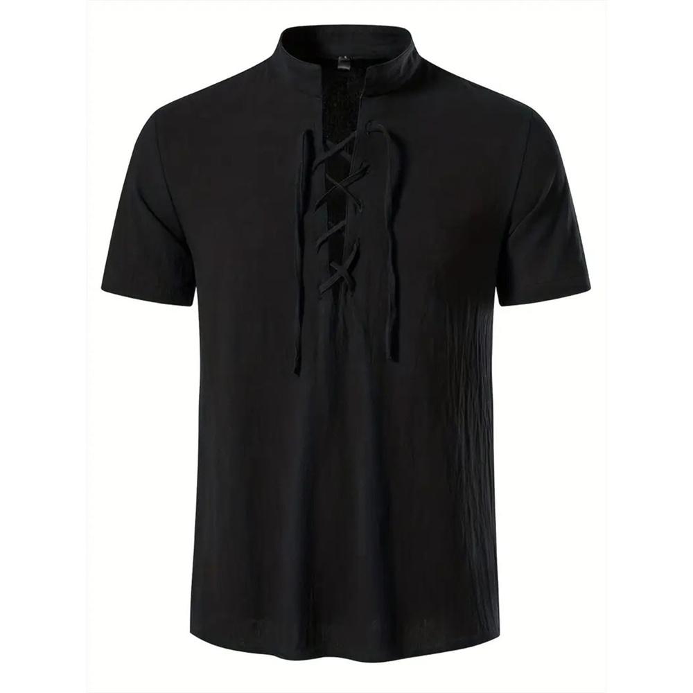 Мужская рубашка в стиле ретро с коротким рукавом из хлопка и льна легкая дышащая однотонная модные топы пиратский V-образный вырез стильные мужские рубашки S 1189₽