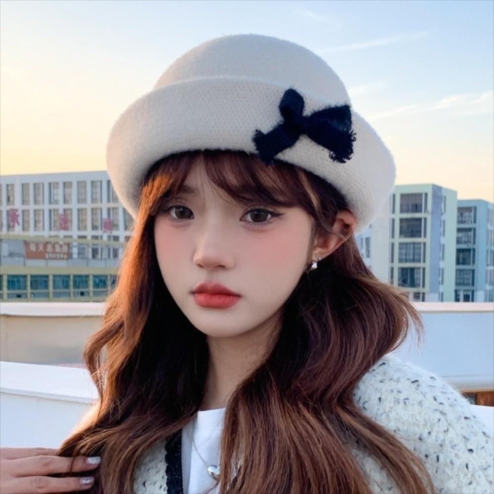Solid Color Woolen Fishing Cap Korean Style Women Bucket Hat Sweet Bow Bucket Cap Girls