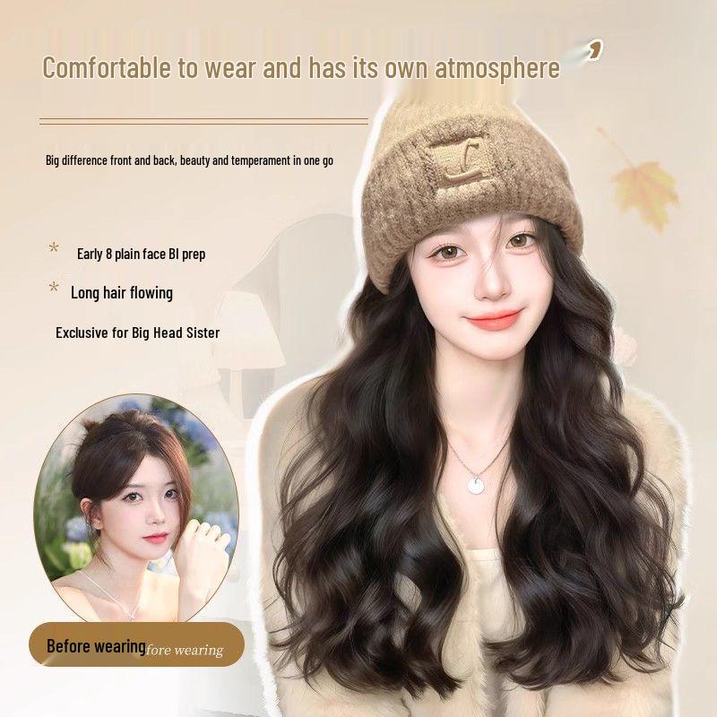 Women's Fashionable Knitted Wool Hat with Realistic Non-Detachable Wig for Autumn/Winter 2025