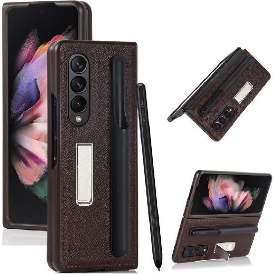 Cavor Designed for Samsung Galaxy Z Fold 3 Case with S Pen Holder,Full Body Protective Anti-Scratch Anti-Drop Wear-Resistant PC Material Hard Flip C-Brown
