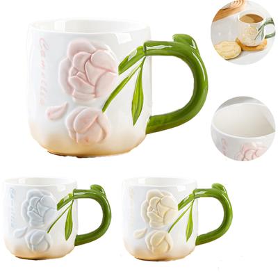 Relief Rose Blume Keramiktasse Ins Stil Kaffee Milch Tee Tasse mit Deckel Handbemaltes Design Paar Mädchen Romantisches Trinkgeschirr Tasse
