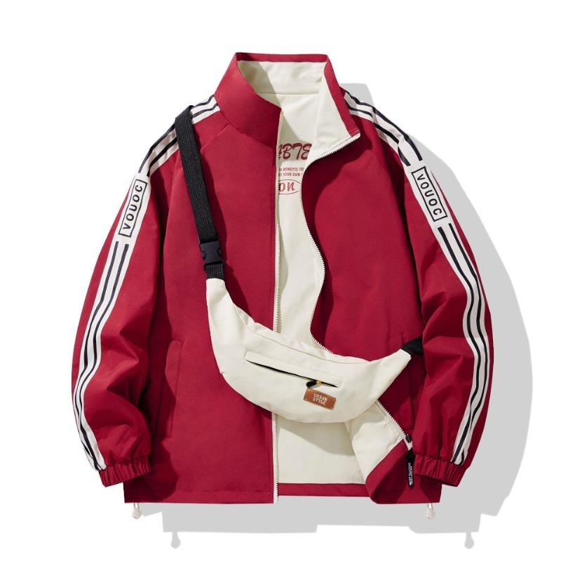 Jacken für Herren Frühling und Herbst Neu Doppelseitige Stehkragenjacke Gestreiftes Gurtbanddesign Kleidung für Herren