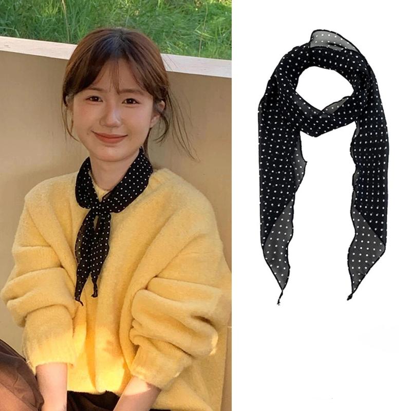 Polka Dot Floral Print Silk Scarf Thin Neck Scarf Hair Band Bag Ribbon For Women Vintage Daily Wear Accessory