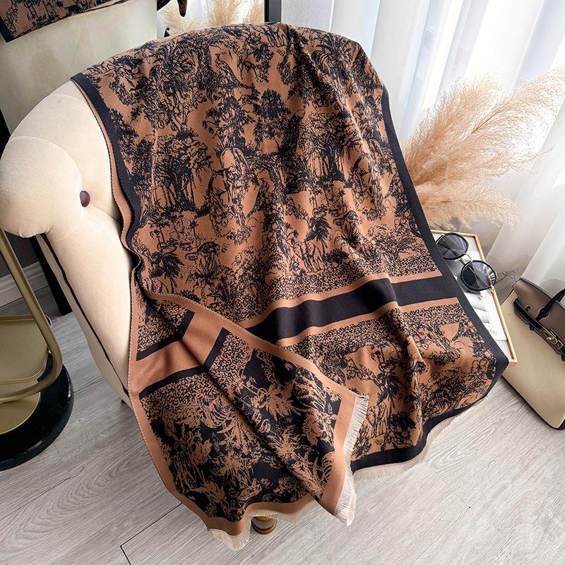 Tropical Jungle Wind Contrasting Colors Double-Sided Imitation Cashmere Scarf Winter High-End Warm Shawl