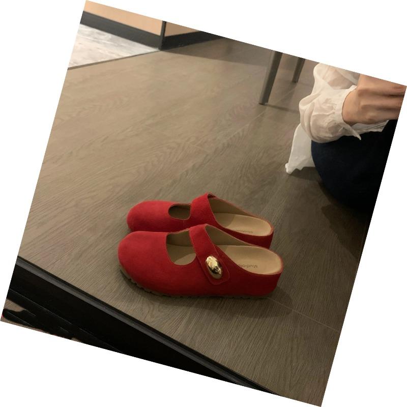 

Cowhide version, height increased by 5cm~ Small golden beans, big round head, soft and cute, height increased half slippers, women 35 красный