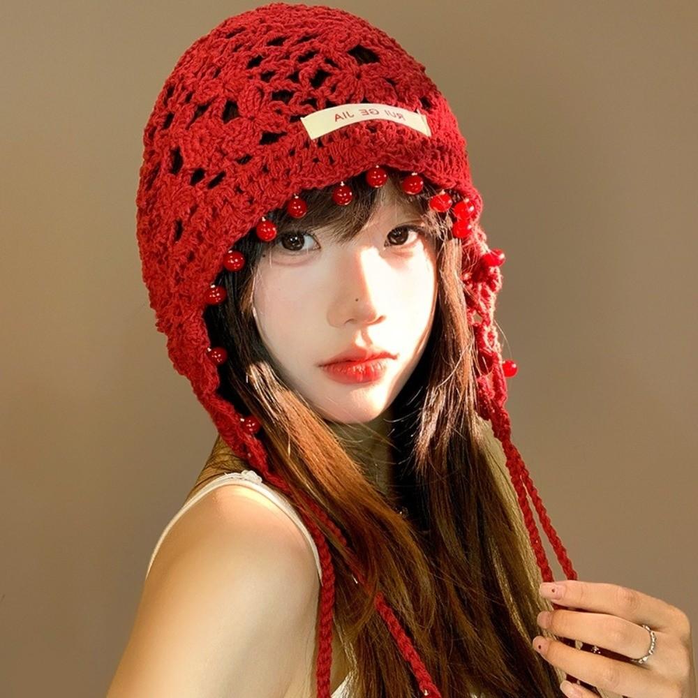 Pearls Crochet Tassels Cap Handmade Weave Basin Hats Cute Knitted Beanies Caps Outdoor