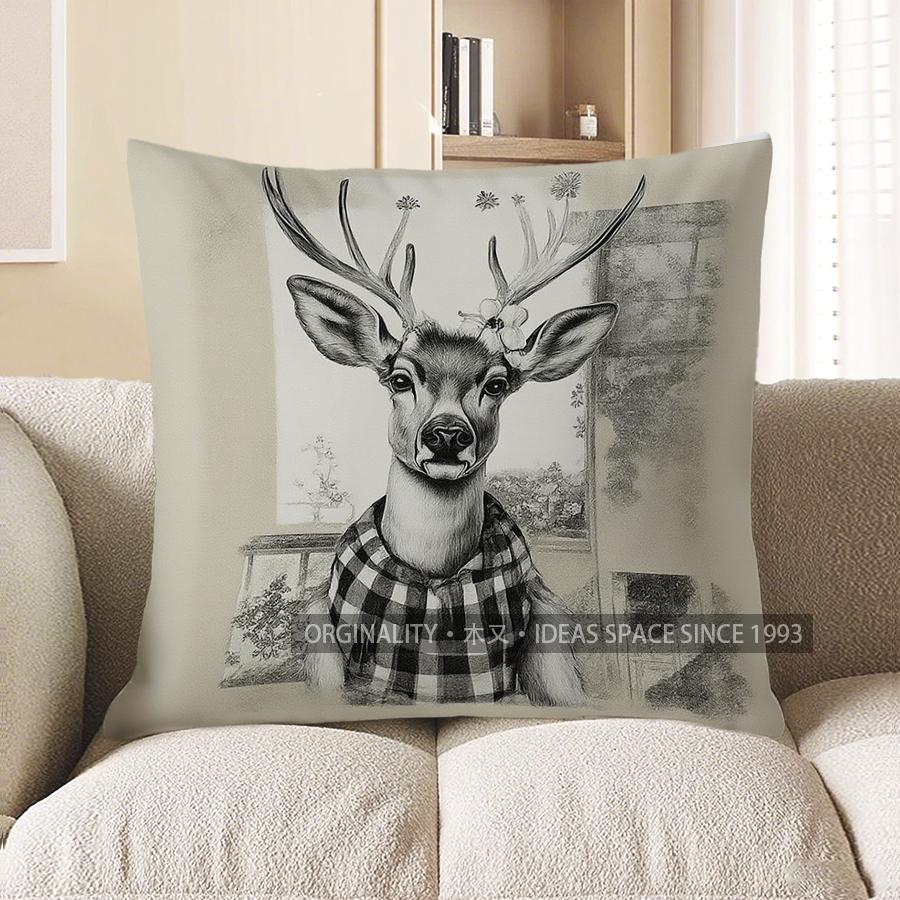Home Decor Deer In Plaid: Vintage Artistic Throw Pillow Pattern Cushion Cover Suitable For Sofa Bedroom Car Pillow Cover 40x40cm