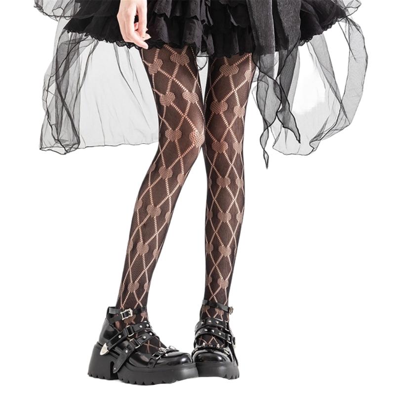 Women Sexy See Through Fishnet Pantyhose Stockings Japanese Harajuku Hollowed Heart Diamond Pattern Mesh Tights Leggings 1