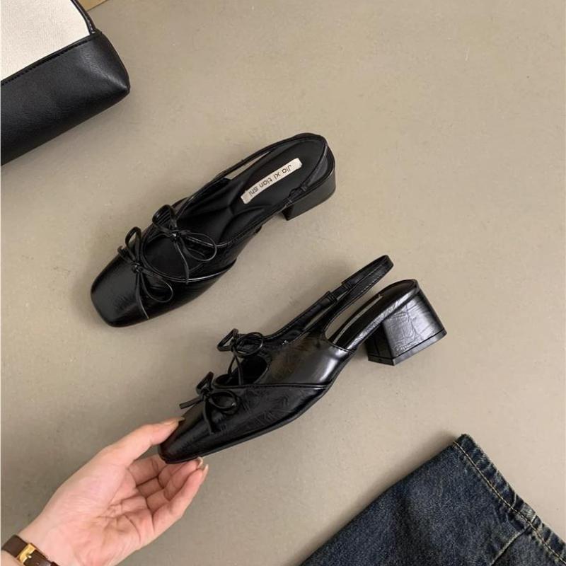 Women Silver Bow Square Toe Ballet Shoes Summer Design Heel Women Fashion Dress Singbacks Shoes Ladies Outdoor Leather Sandalias