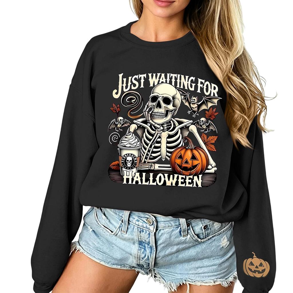 Unisex Halloween Print Lightweight Long Sleeve Neck Pullover Sweatshirt for Men and Women