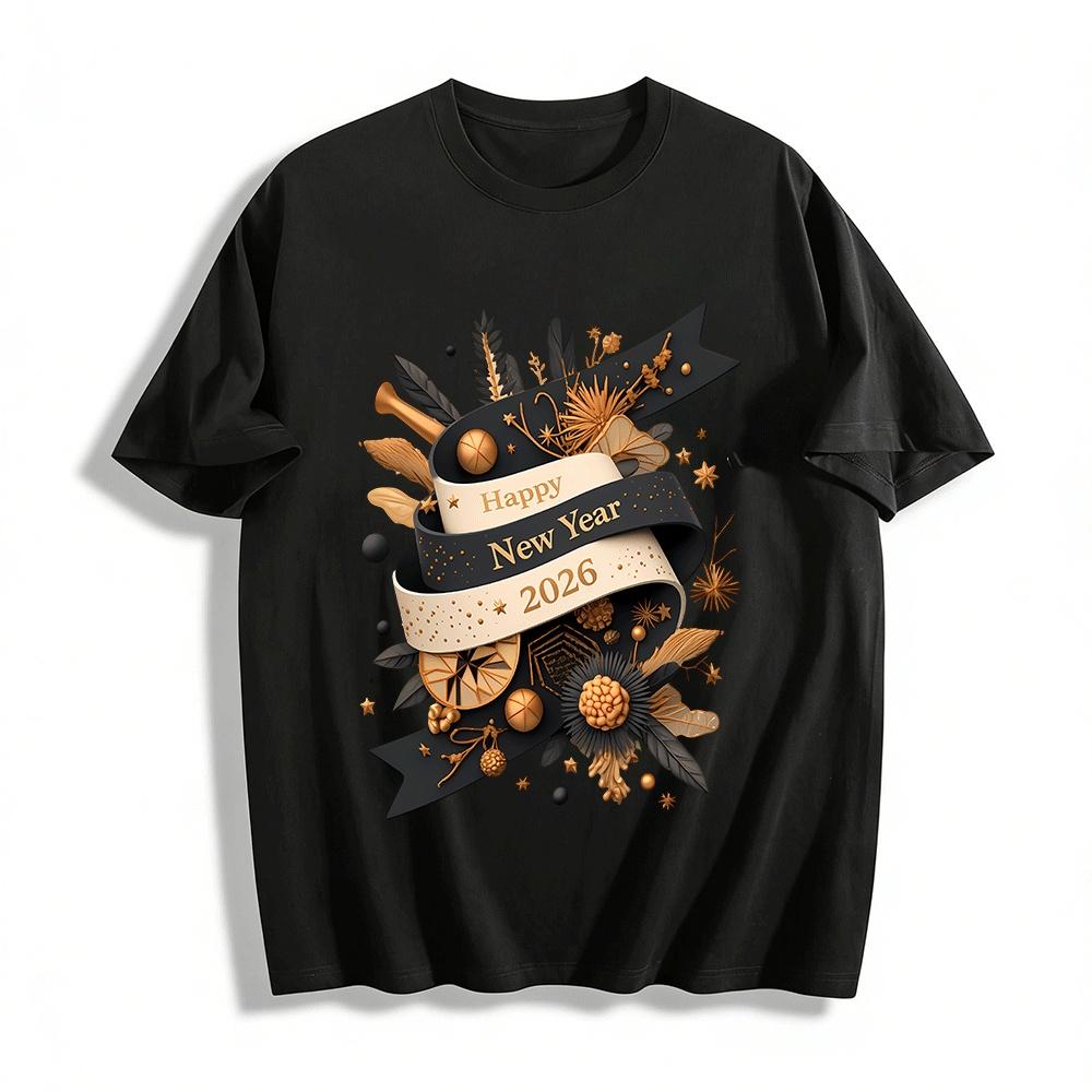 2026 Happy New Year Black Gold Print Casual Holiday Top Pure cotton T-shirt XXS