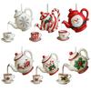 Yousheng Christmas Teapot Ornament Holly Vintage Tea Cups And Pot Set Xmas Tree Hanging Ornaments 2D Acrylic Teapot Decor with Pouring Tea Effect