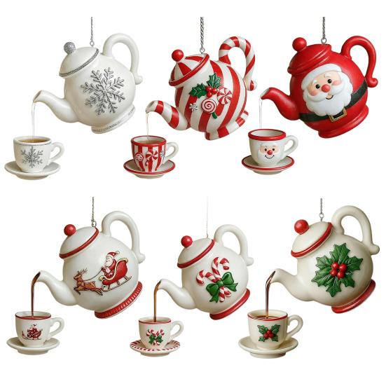 Yousheng Christmas Teapot Ornament Holly Vintage Tea Cups And Pot Set Xmas Tree Hanging Ornaments 2D Acrylic Teapot Decor with Pouring Tea Effect