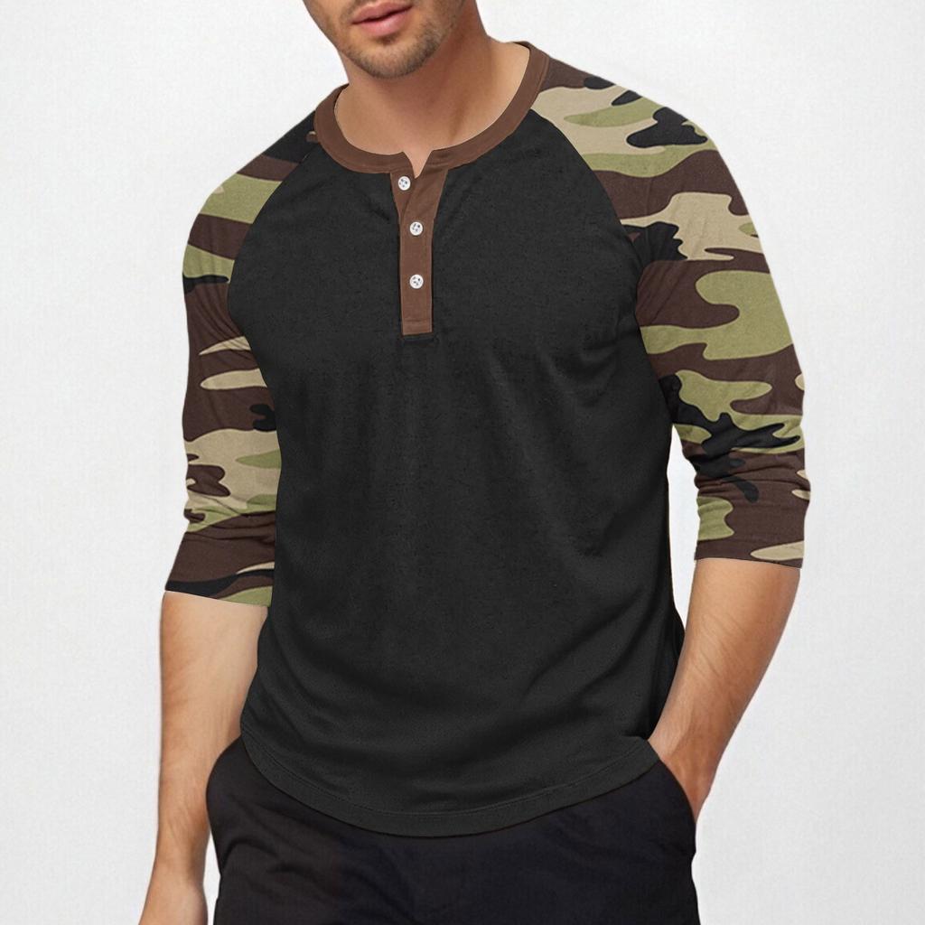 Men's Top with Three-quarter Sleeves and Camouflage Print