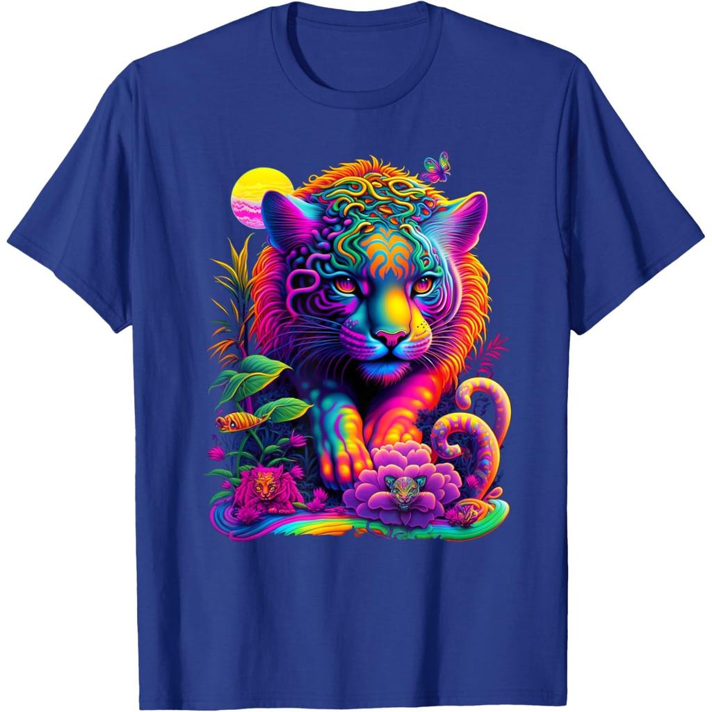 Vibrant Neon Jungle Cat Graphic Tshirt Men Summer Casual Breathable Crewneck Tee