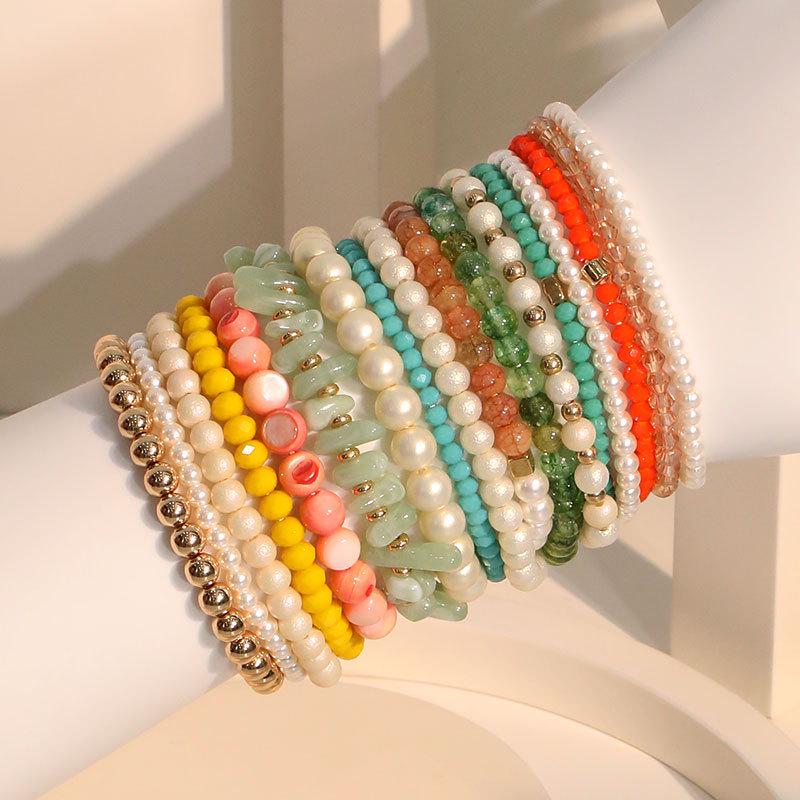 Colorful Multi-Strand Beaded Bracelet Set: Pearl & Stone Stackable Fashion Jewelry for Women