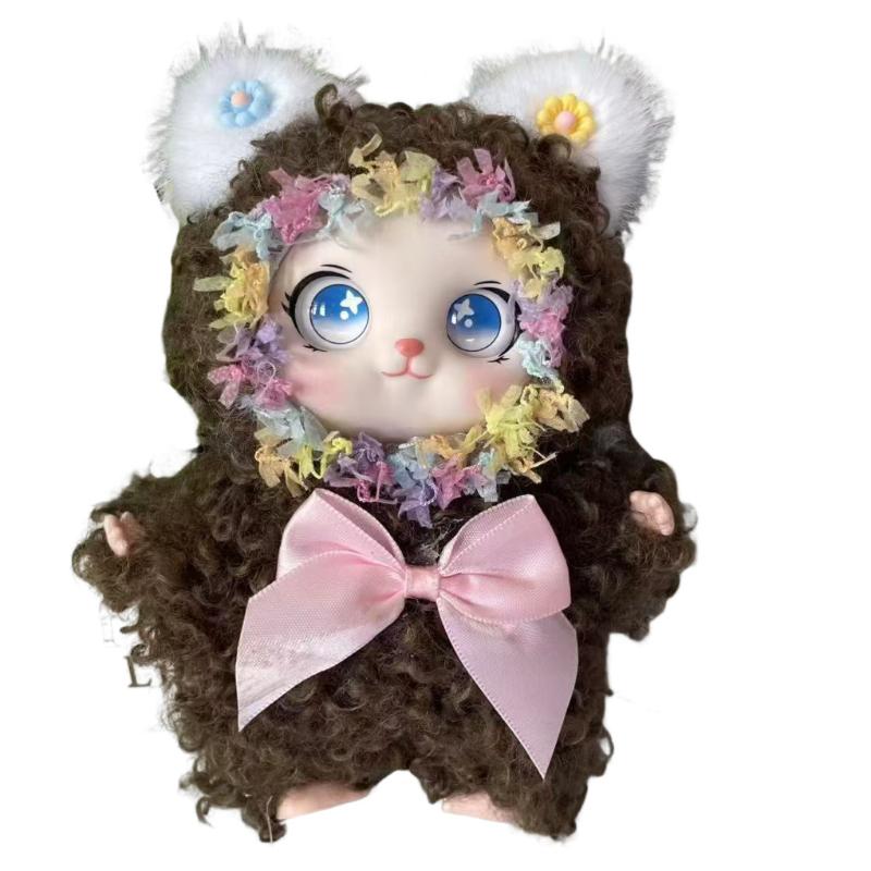 1Pcs Cute Curly Hair Plush Cat Doll Keychain Kawaii Flower Wreath Stuffed Toy With Bow For Bag Charm Kids Gift