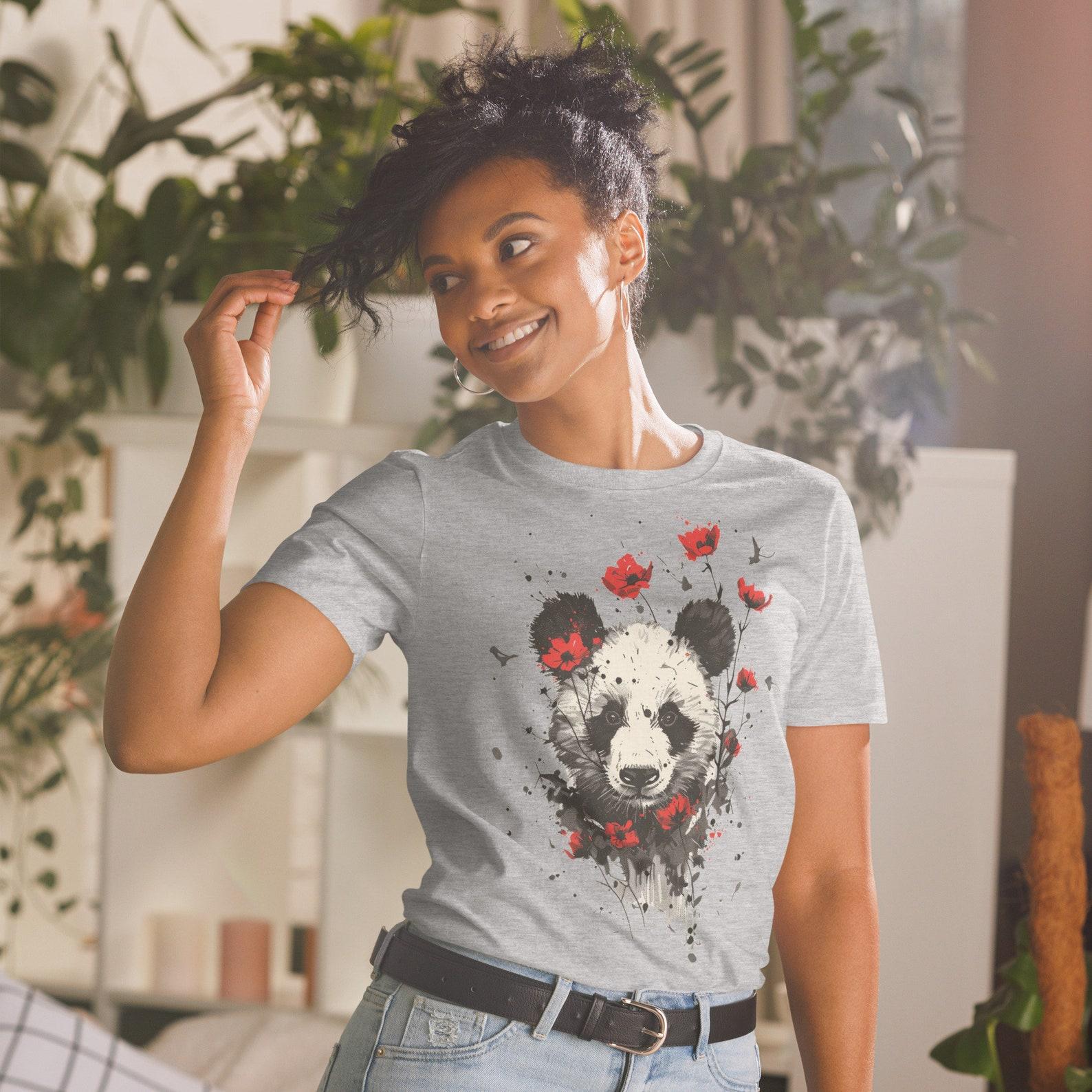 Panda with Red Flowers Graphic T-Shirt - Nature Art Tee - Unisex Soft Cotton Top 4XL