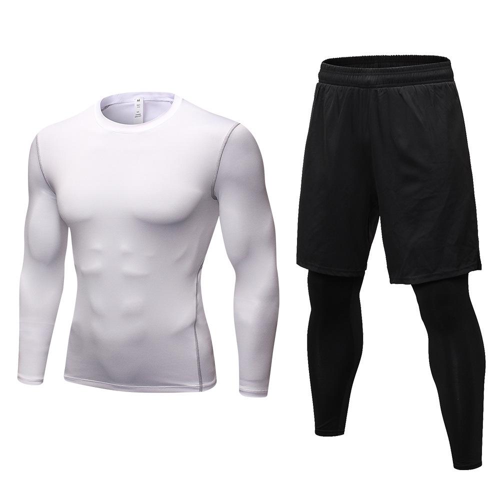 Men's Quick-Dry Sweat-Wicking Fitness Set: Long-Sleeve Top with Fake Two-Piece Design & Long Pants (1019+7010)