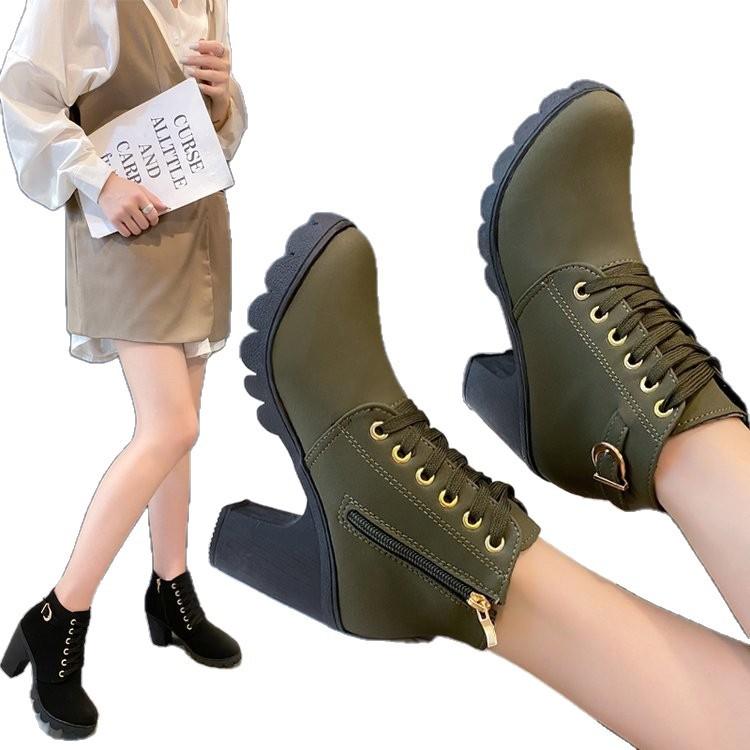 Large size square heel round head strap fashion boots autumn new metal buckle heightening fashion women's boots
