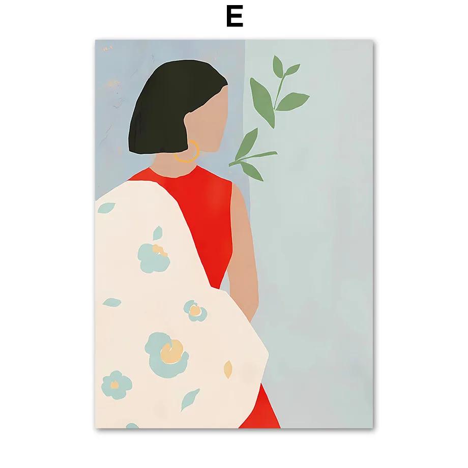 Frau Leopard Poster Strand Tropische Pflanze Blatt Wandkunst Wandbild Leinwand Linien Druck Abstraktes Ölgemälde Bilder Wohnzimmer Dekor