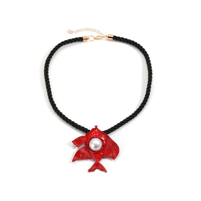 Fish Pendant Necklace With Imitation Pearl Minimalist Elegant Jewelry Beach Vacation Outfit Accessory Black Red