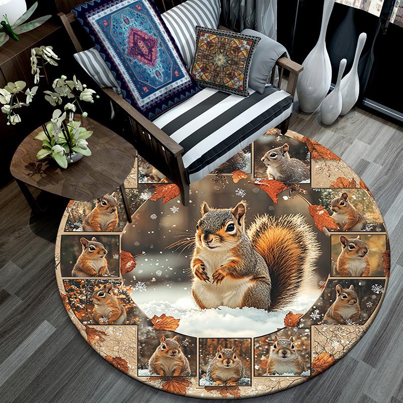 Squirrel Round Area Rug,Carpet Rug for Living Room Bedroom Sofa Playroom Decor,Non-slip Floor Mat